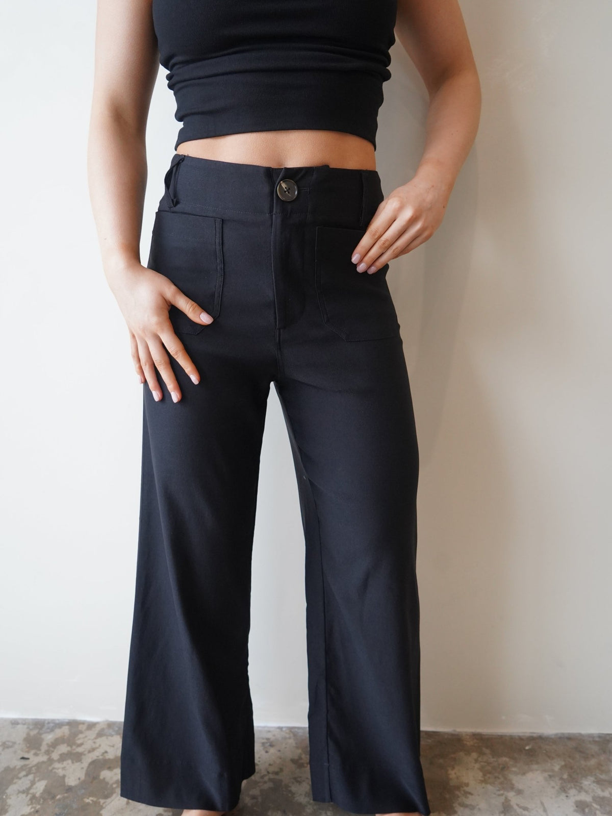 CARAMEL WIDE LEG PANTS- BLACK - SUNDAY BEST TRADING CO